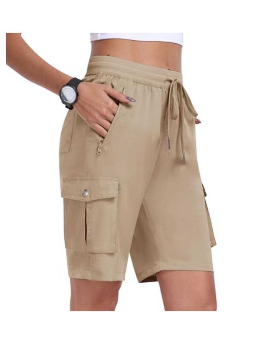Womens Hiking Cargo Shorts 10 Inch Inseam Dry Fit Stretch Athletic Golf Tennis